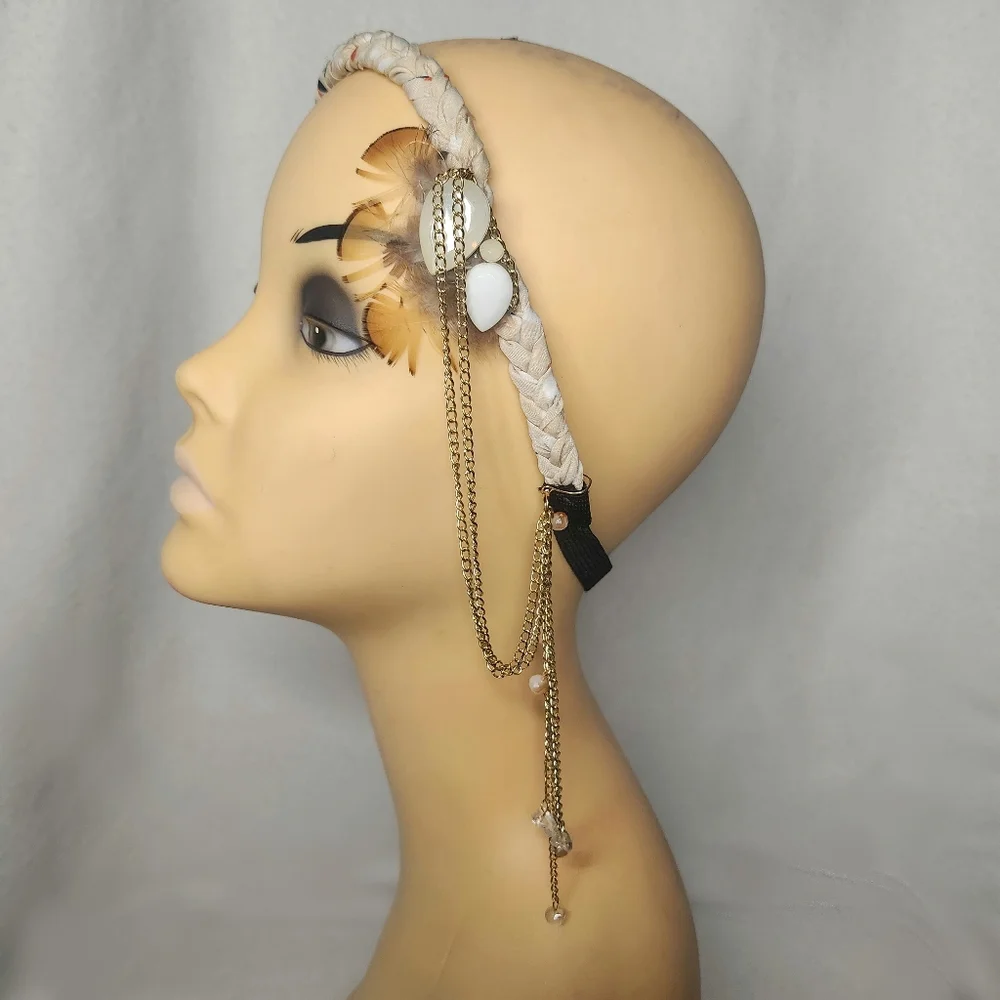 Bohemian Braided Headband with Feather, Chain and Matching Earring Standout Look